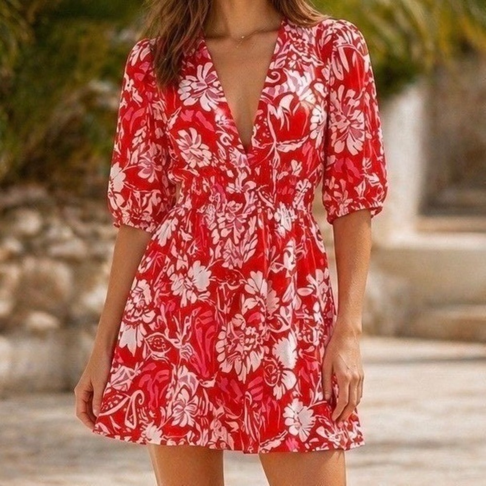 Abel the Label Red Floral V-Neck Mini Dress Euro Summer Boho Puff Sleeve NWT M